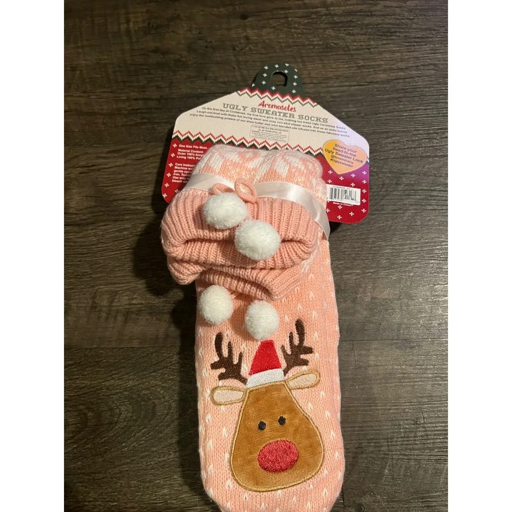 Aromasoles Womens Ugly Sweater Socks Scented Reindeer Pink One Size NWT